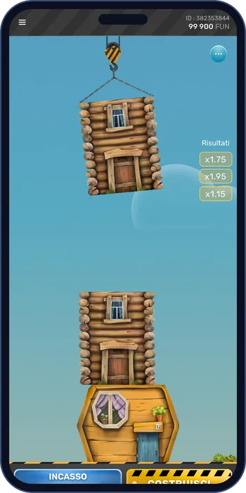 Tower Rush su un telefono in verticale: la gru, la torre, i pulsanti Costruisci e Incasso