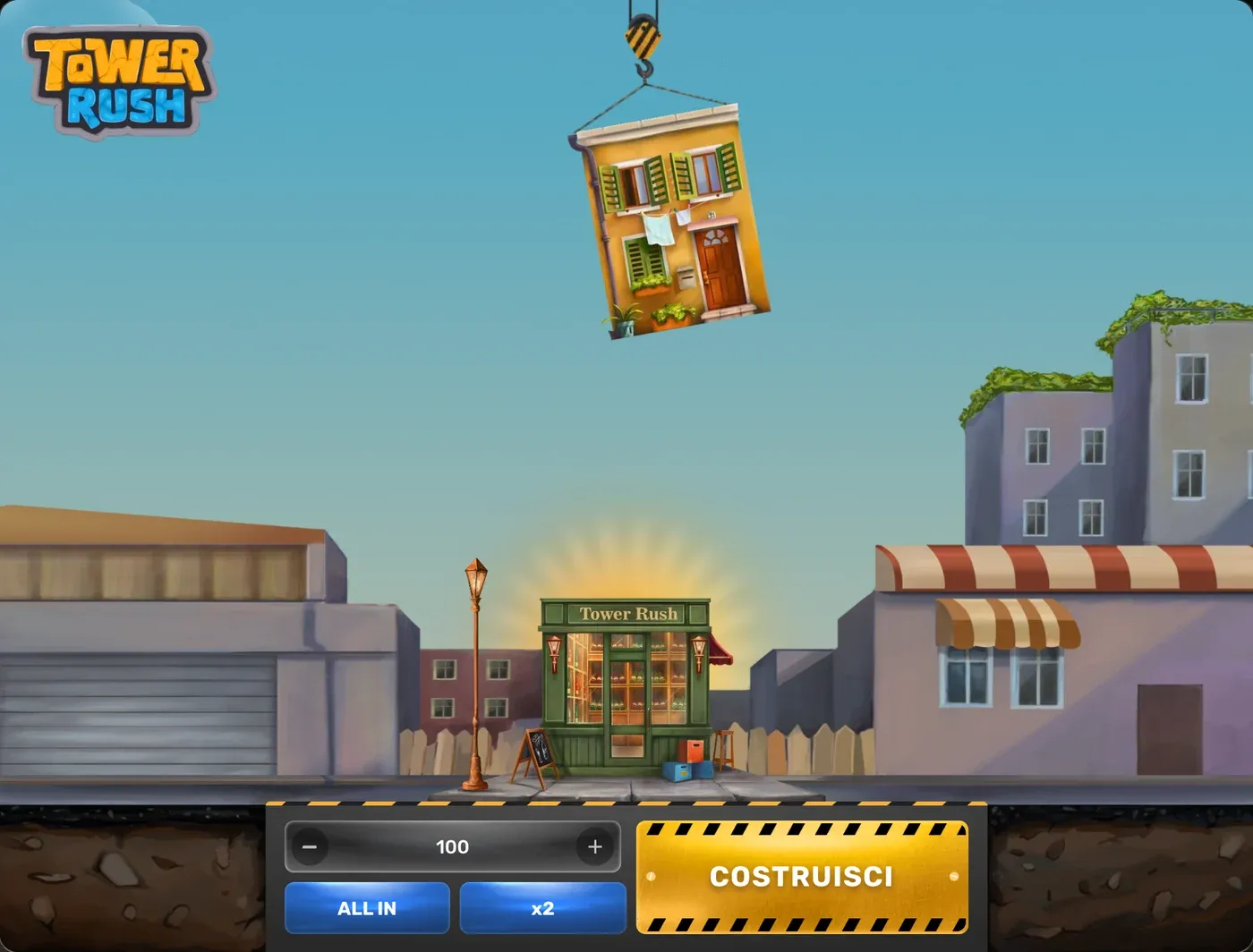 Tower Rush di Galaxsys: la gru che tiene un piano sopra la strada e il pulsante Costruisci