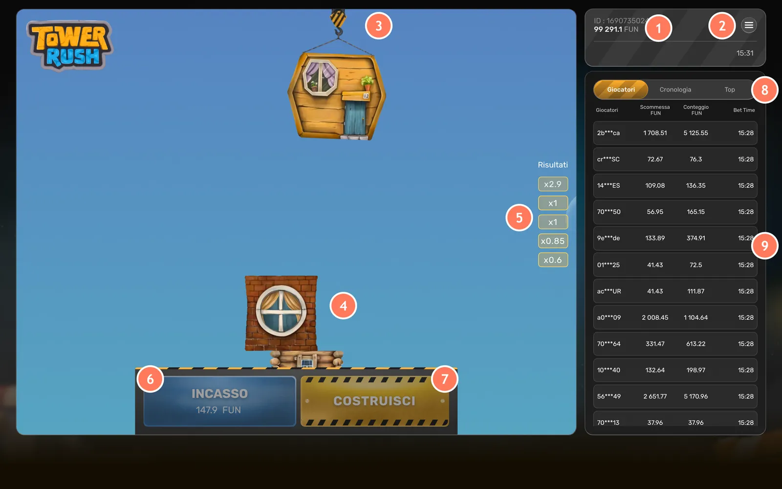 Schermata di Tower Rush con nove indicatori numerati: saldo, menu, gru, torre, colonna Risultati, INCASSO, COSTRUISCI, schede e puntate in diretta