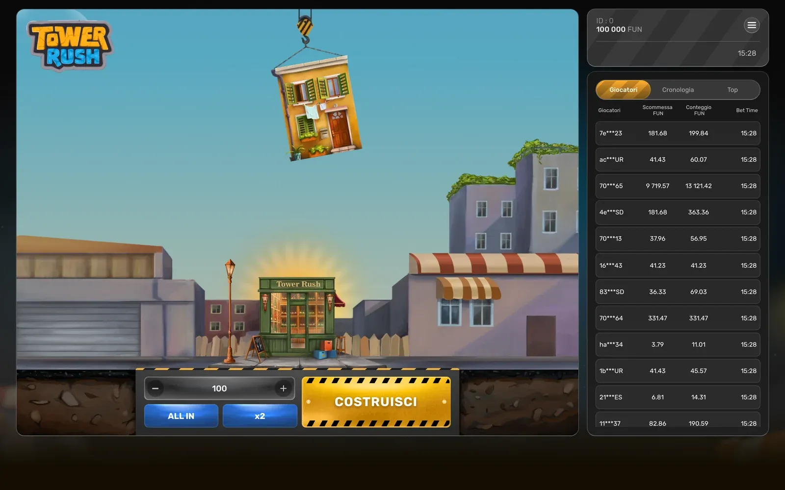 Il Tower Rush originale di Galaxsys in italiano: gru, strada e pulsante COSTRUISCI