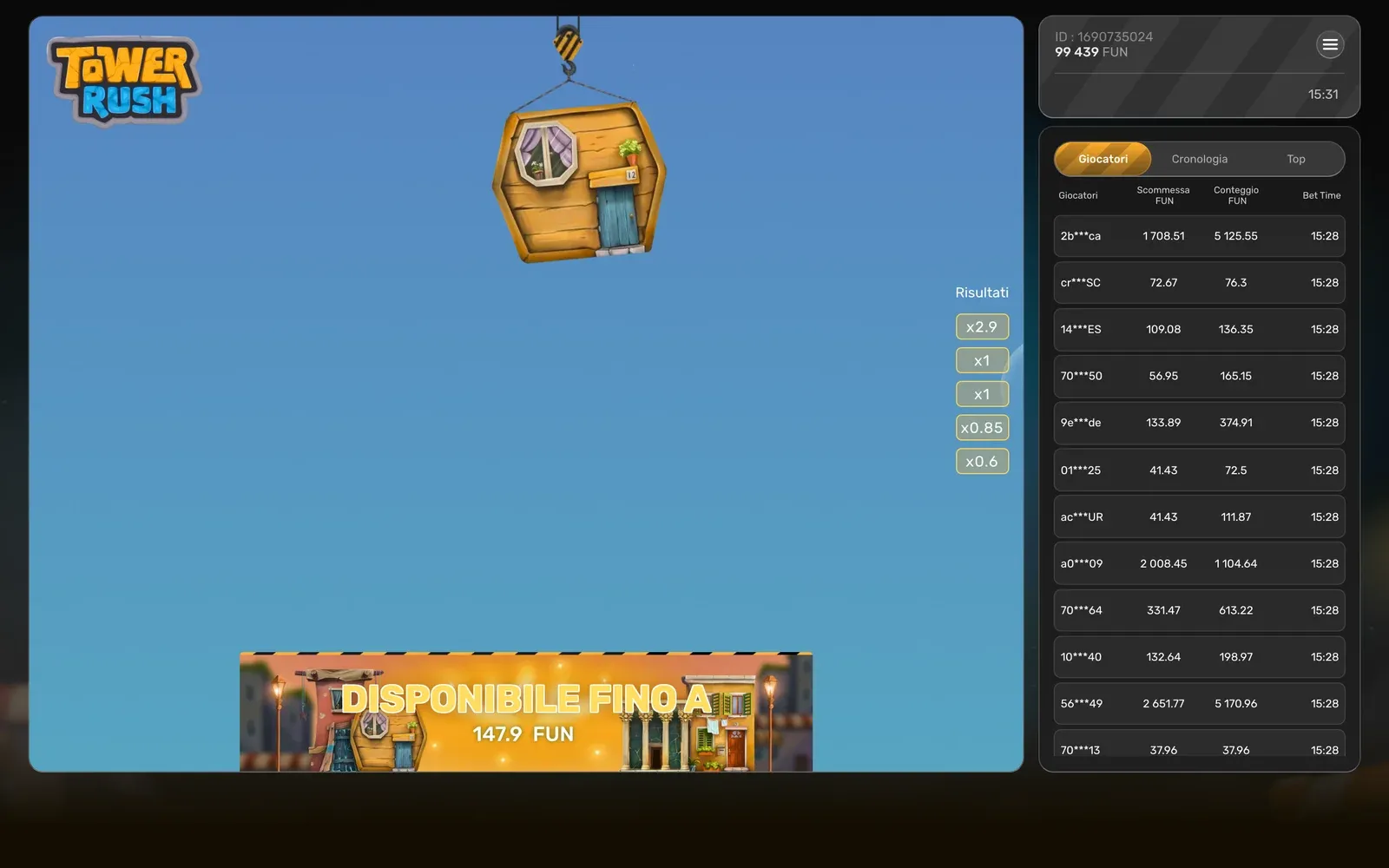 Tower Rush dopo un incasso: il banner con la vincita in FUN