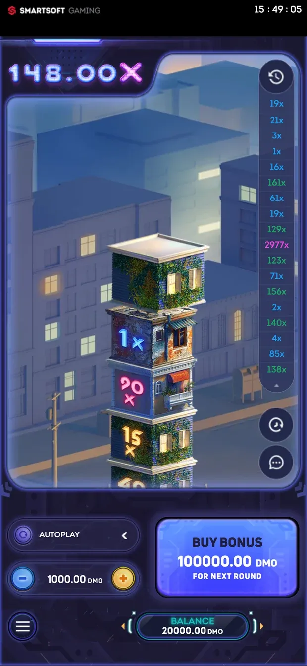 Tower X su un telefono in verticale con una torre a 148X e il pulsante Buy Bonus