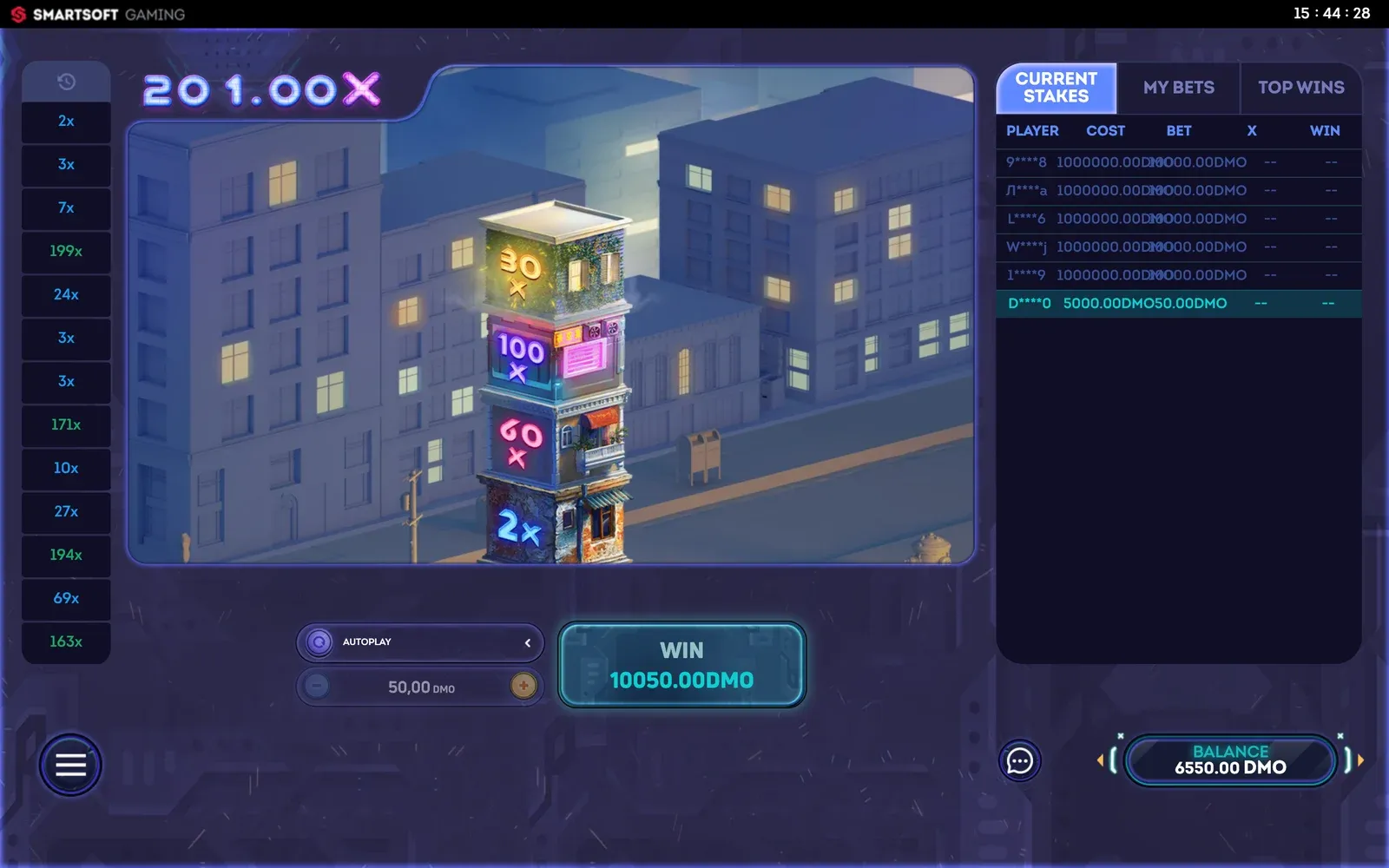 Tower X di SmartSoft Gaming: una torre di palazzi con i moltiplicatori e il contatore della X totale