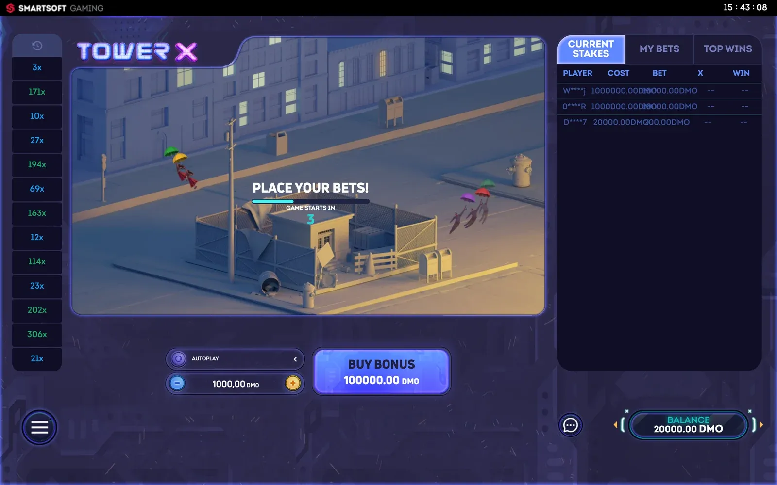 Demo di Tower X fra due partite: conto alla rovescia, pulsante Buy Bonus e saldo di 20.000 DMO